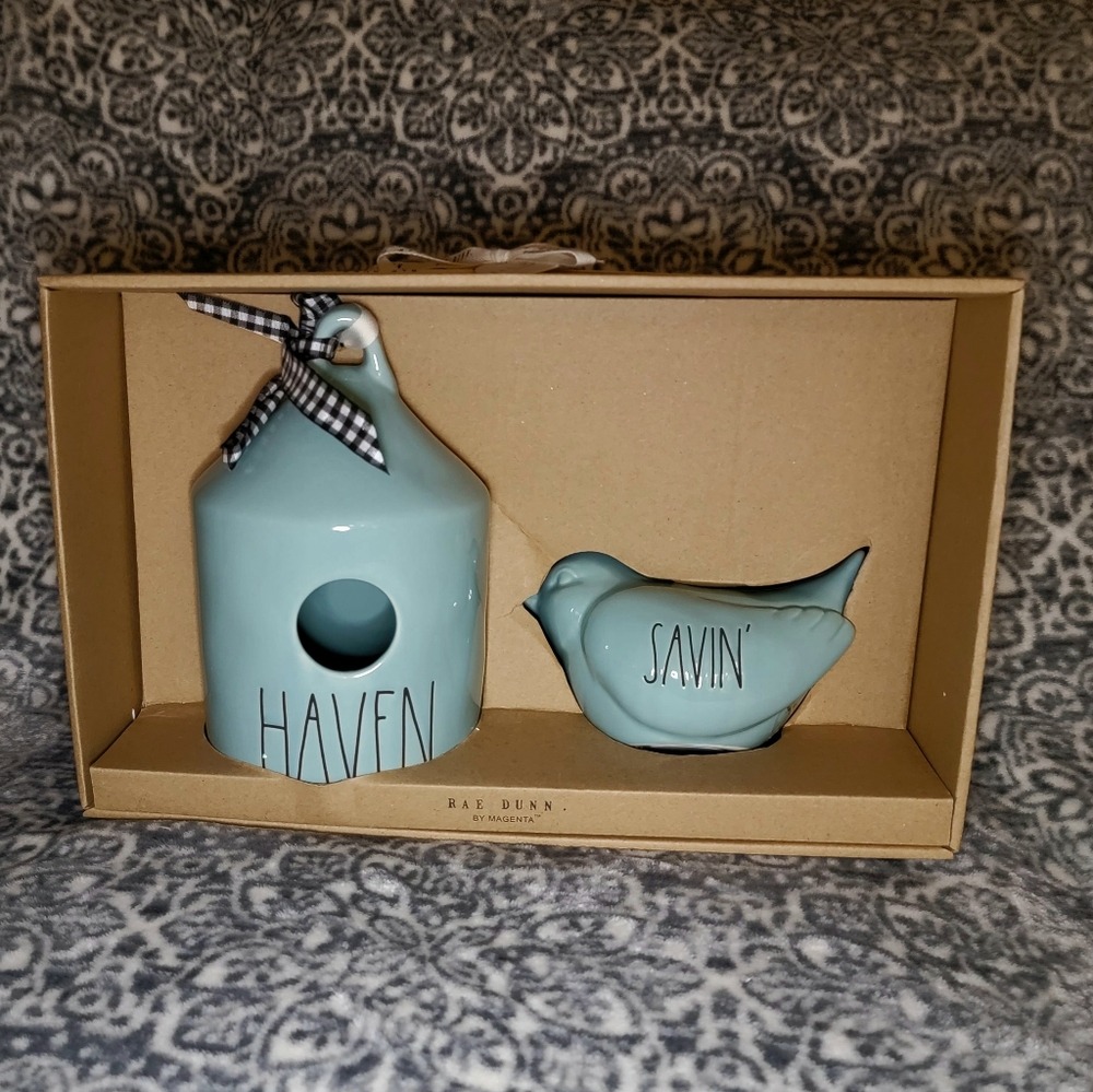 Rae Dunn Birdhouse and bank set